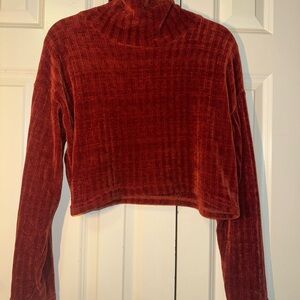 Rust Red Ribbed Velvet Cropped Turtleneck Sweater
